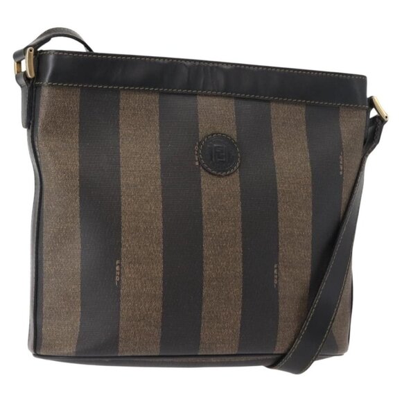 Authentic FENDI Pecan Canvas Shoulder Bag PVC Black Brown gold